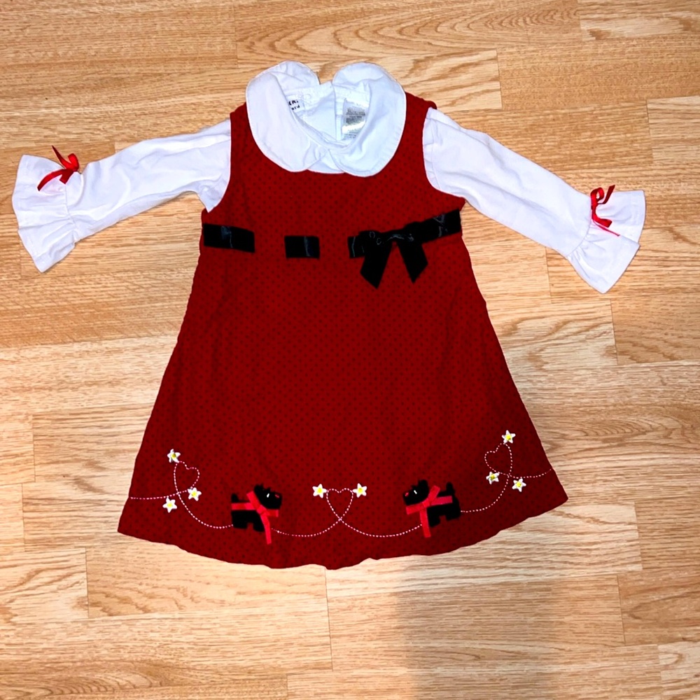 Blueberi Boulevard Red/Black Scottie Dog Dress Long Sleeve White Shirt 24months